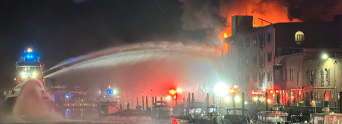 A five-alarm fire broke out in a 150-year-old waterfront warehouse in Red Hook, Brooklyn, NY, on the evening of Wednesday, September 17.