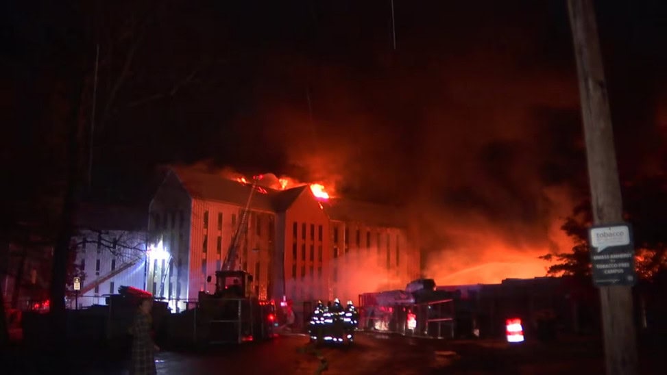 A construction-site fire on November 8, 2025, destroyed a five-story wood-frame apartment building under construction in Amherst, MA.